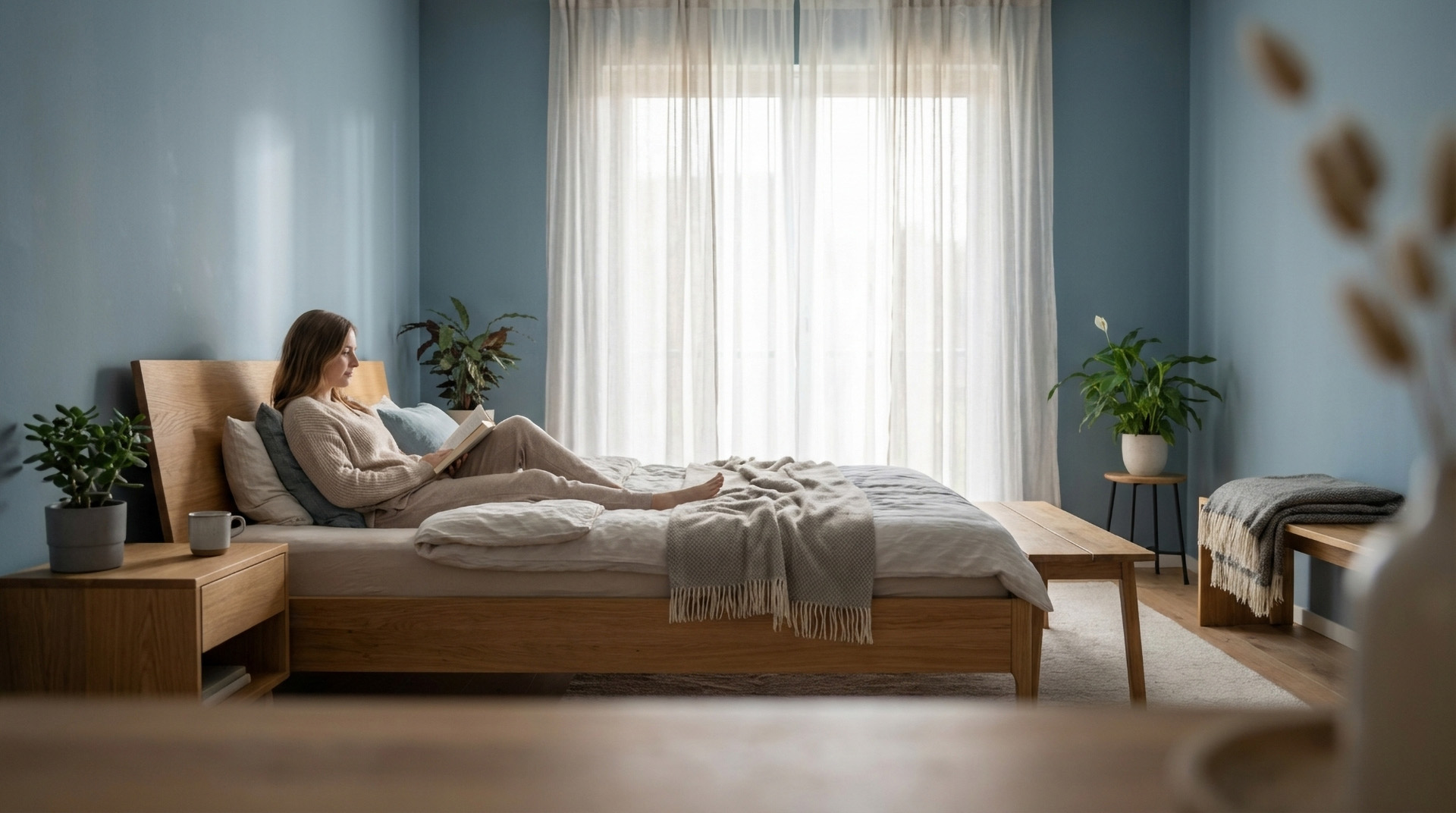 Person entspannt in blau gestrichenem Schlafzimmer mit Holzmöbeln