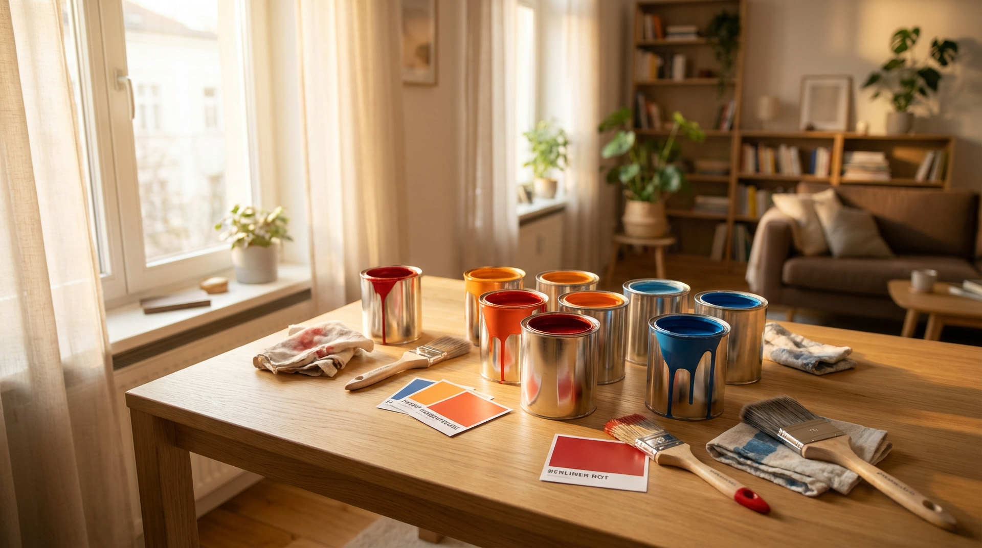 Farbdosen in verschiedenen Farben mit Pinseln auf Holztisch