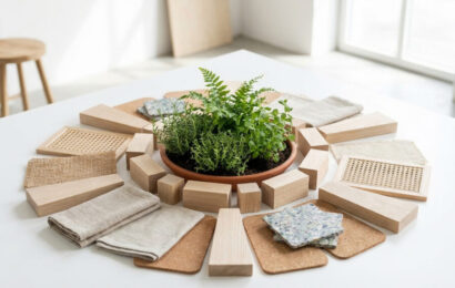 Kreisförmige Anordnung von nachhaltigen Möbelmaterialien mit grünen Pflanzen in der Mitte