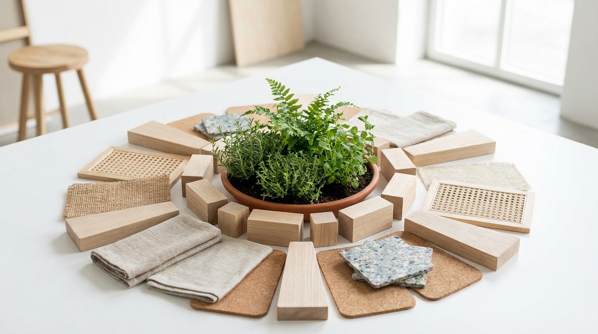 Kreisförmige Anordnung von nachhaltigen Möbelmaterialien mit grünen Pflanzen in der Mitte