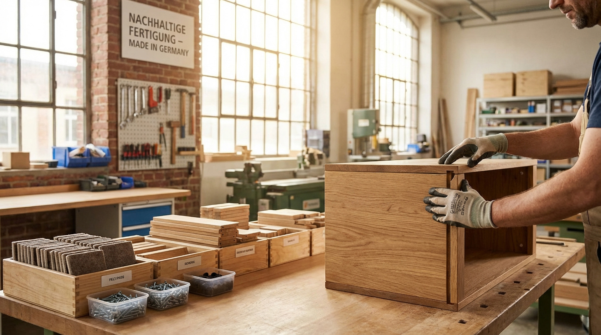 Demontage eines Möbelstücks in einer hellen Werkstatt mit sortierten Materialkomponenten