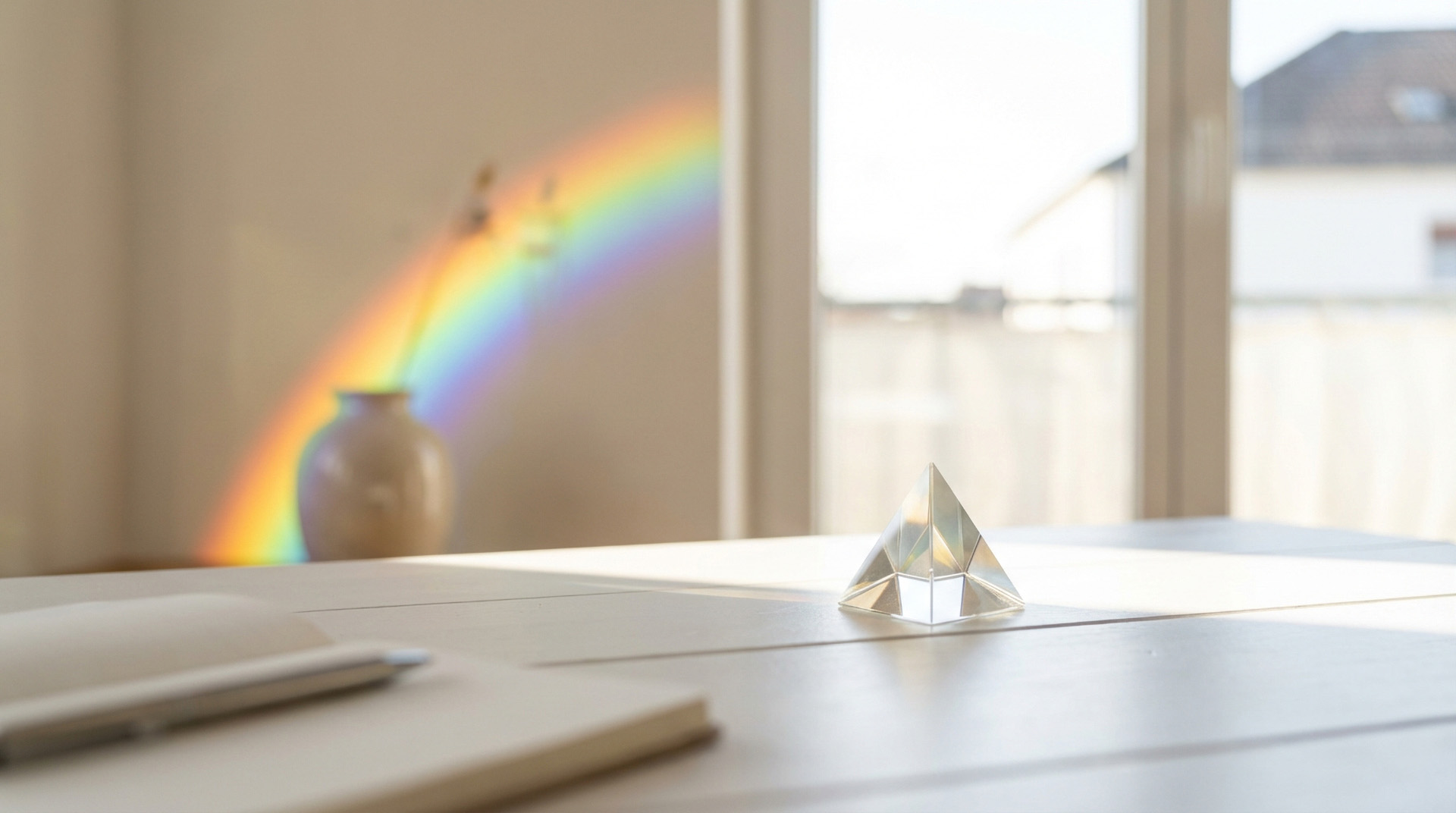 Prisma zerlegt Sonnenlicht in buntes Farbspektrum an weißer Wand