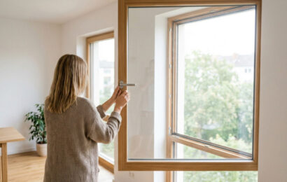 Frau öffnet Fenster zum Stoßlüften in hellem Wohnraum